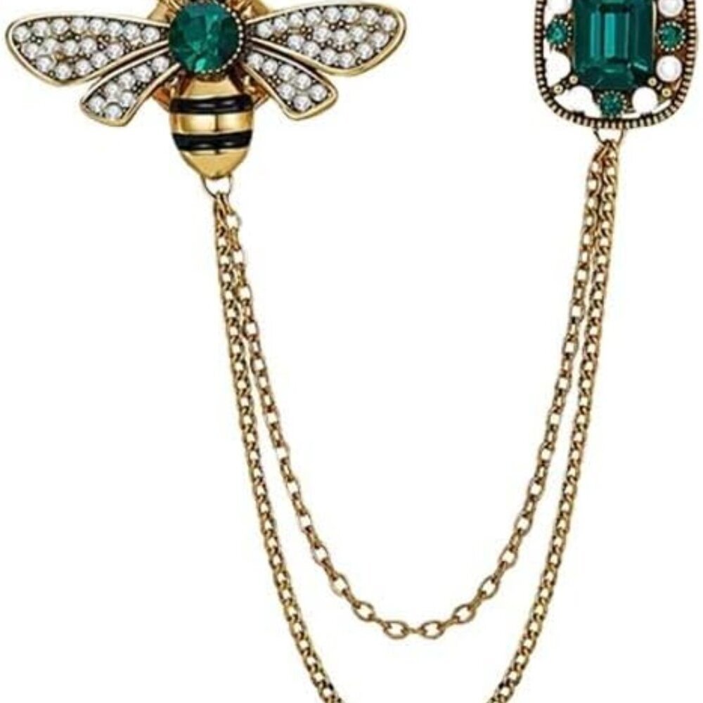 Honey Bee Brooches for Women Men CZ Crystal Cute Bee With Hanging Chain Tassel B